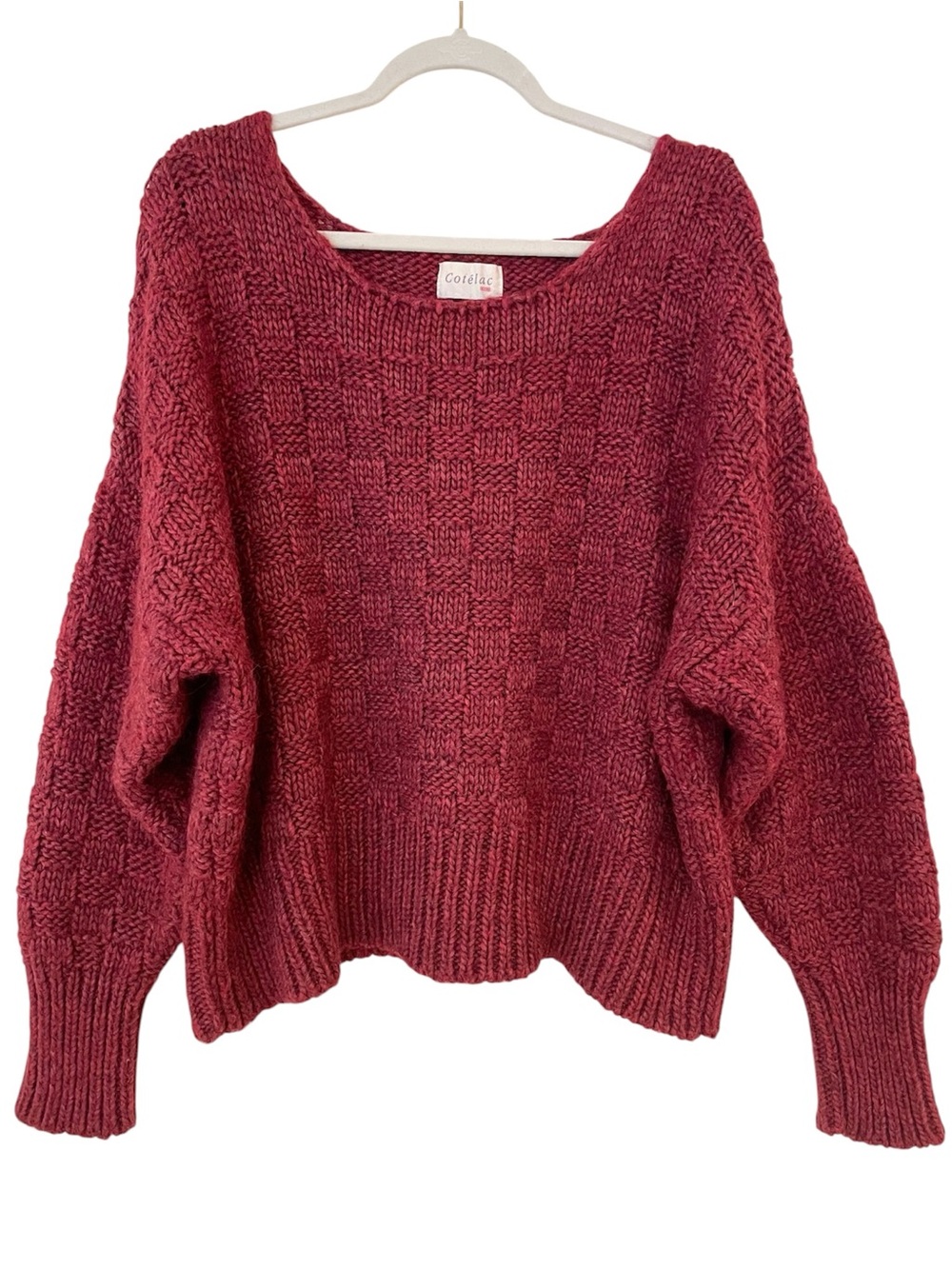 Cotelac Alpaca Wool Sweater L Burgundy Basketweave Oversize Boxy French Designer